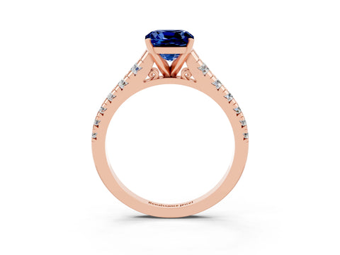 Rose gold Cushion Cut Blue Sapphire Solitaire Ring with Cathedral Setting and Pavé Band_3