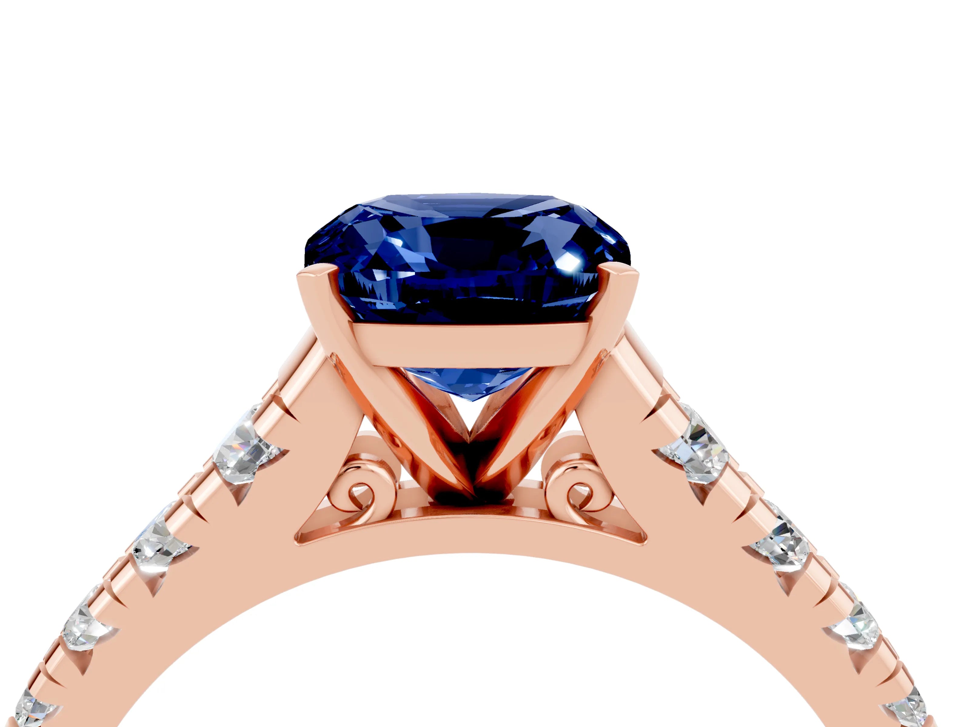 Rose gold Cushion Cut Blue Sapphire Solitaire Ring with Cathedral Setting and Pavé Band_4