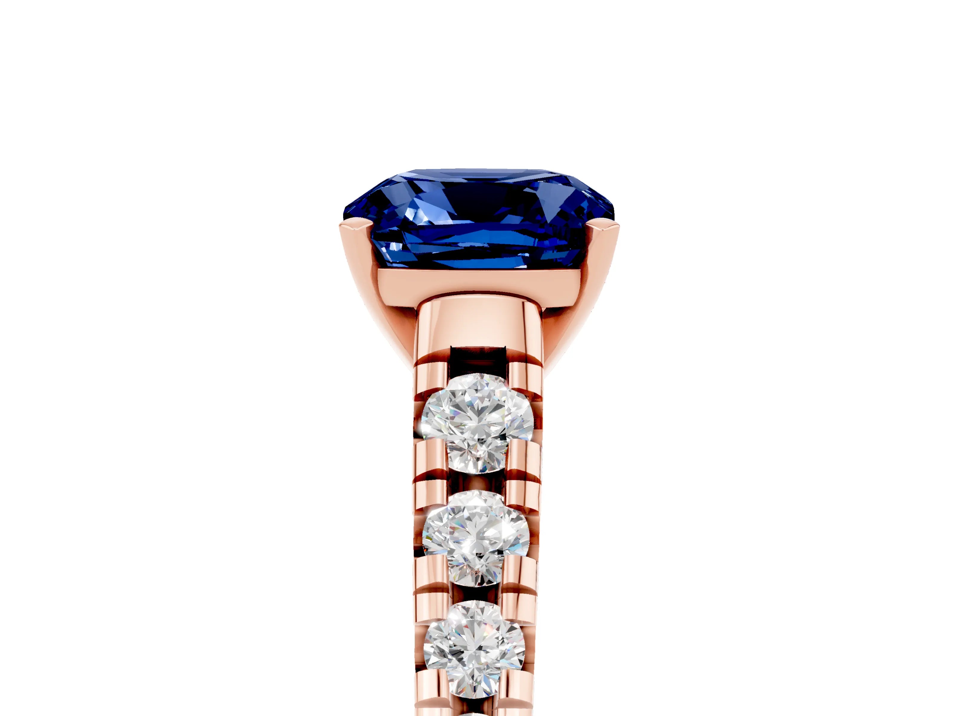 Rose gold Cushion Cut Blue Sapphire Solitaire Ring with Cathedral Setting and Pavé Band_5
