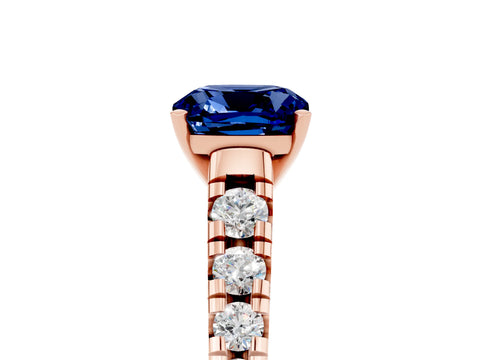 Rose gold Cushion Cut Blue Sapphire Solitaire Ring with Cathedral Setting and Pavé Band_5
