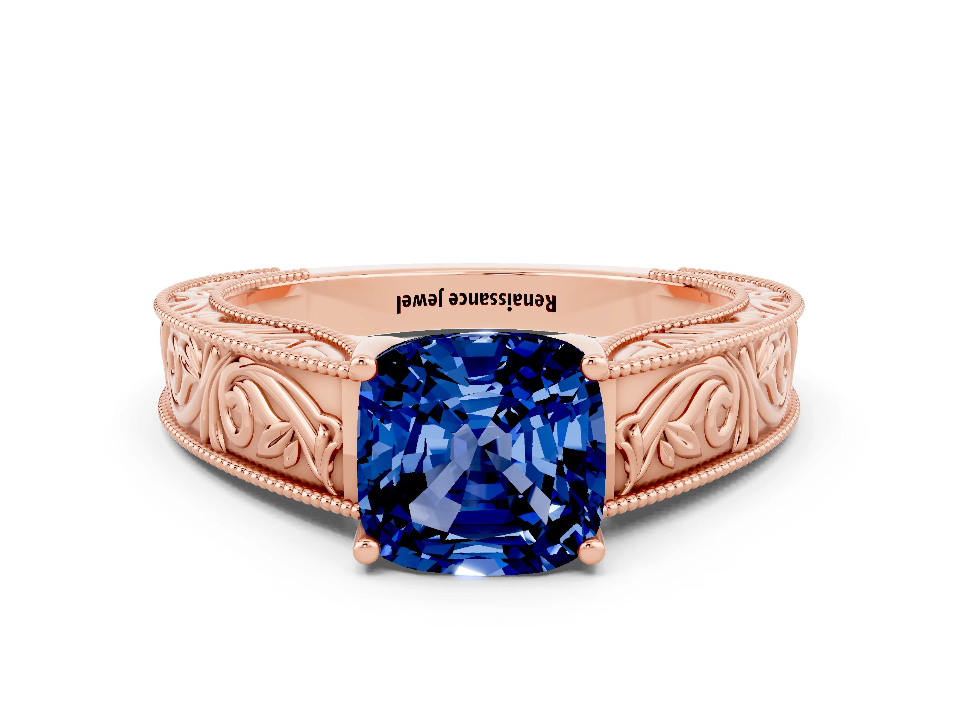 Rose gold Cushion Cut Blue Sapphire Solitaire Ring with Engraved Band and Four-Prong Setting