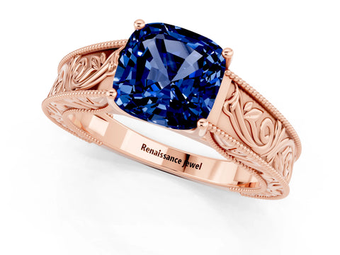 Rose gold Cushion Cut Blue Sapphire Solitaire Ring with Engraved Band and Four-Prong Setting_1