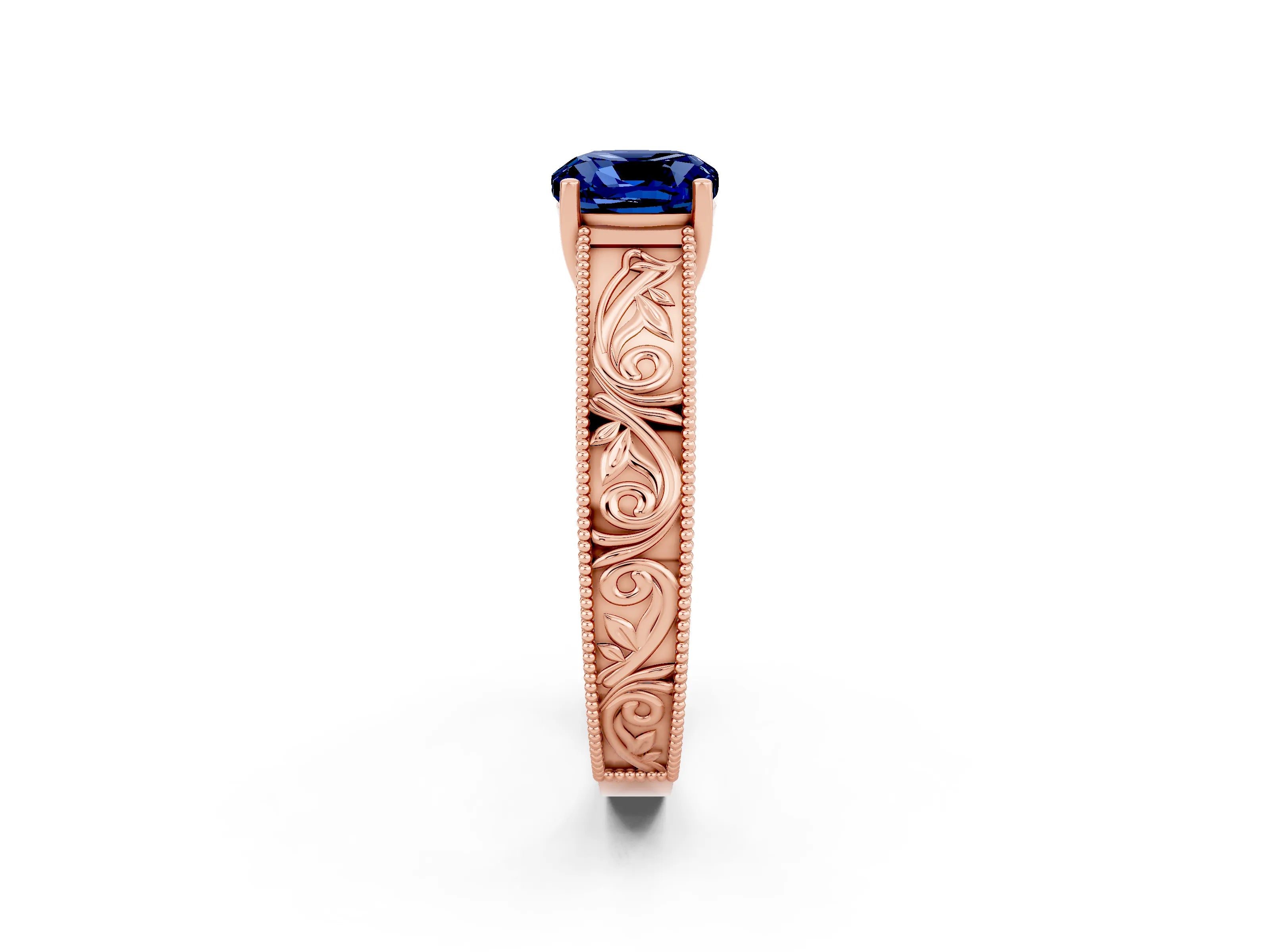 Rose gold Cushion Cut Blue Sapphire Solitaire Ring with Engraved Band and Four-Prong Setting_2