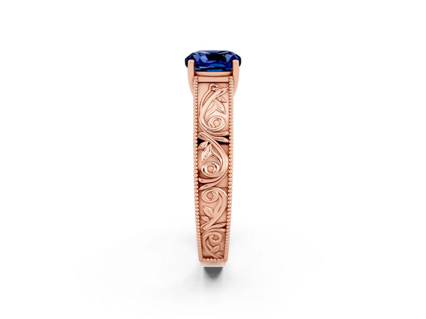 Rose gold Cushion Cut Blue Sapphire Solitaire Ring with Engraved Band and Four-Prong Setting