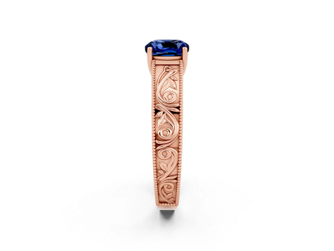 Rose gold Cushion Cut Blue Sapphire Solitaire Ring with Engraved Band and Four-Prong Setting_2