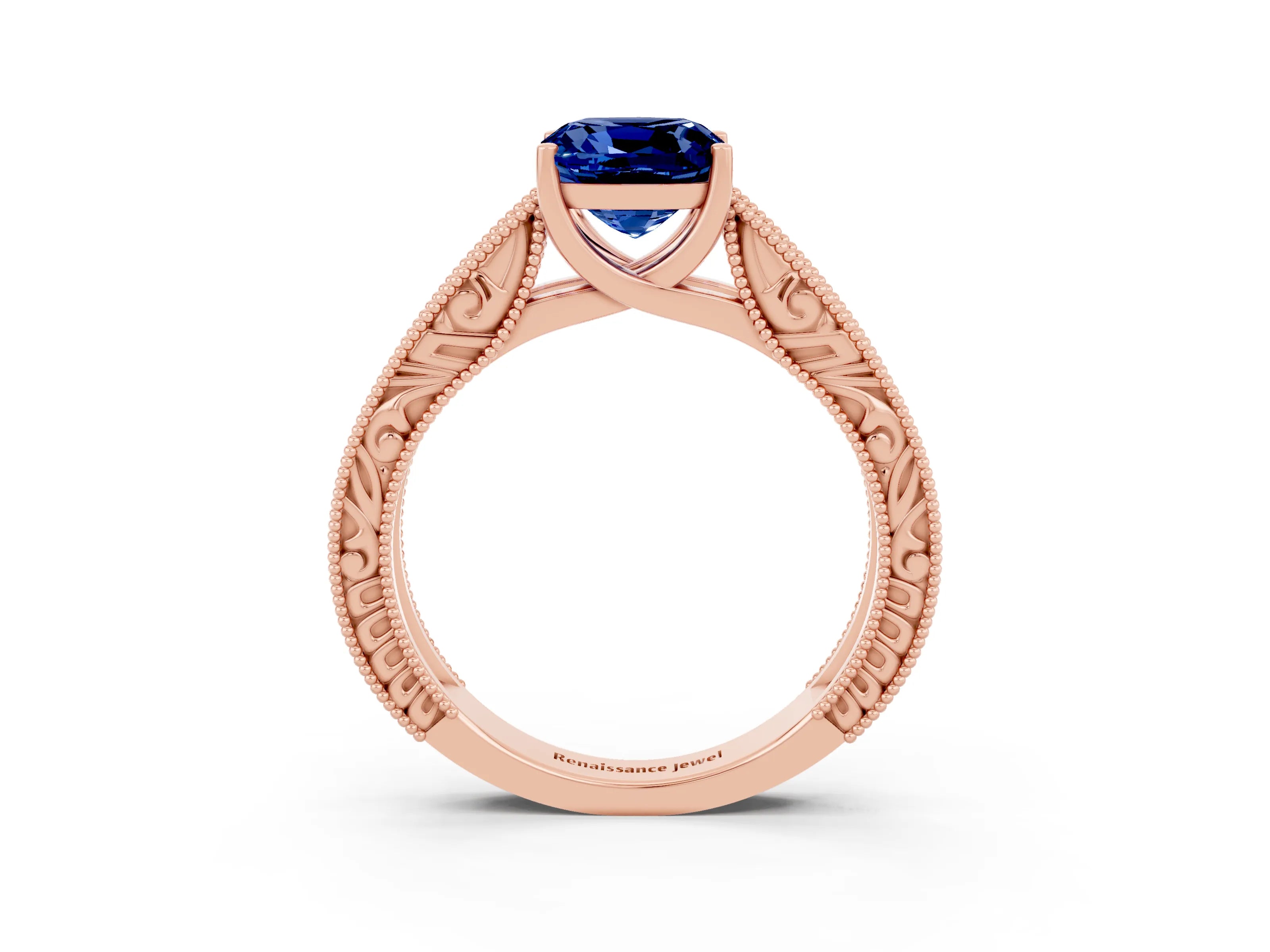 Rose gold Cushion Cut Blue Sapphire Solitaire Ring with Engraved Band and Four-Prong Setting_3