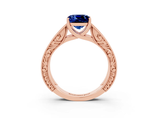 Rose gold Cushion Cut Blue Sapphire Solitaire Ring with Engraved Band and Four-Prong Setting