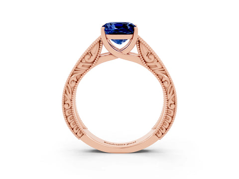 Rose gold Cushion Cut Blue Sapphire Solitaire Ring with Engraved Band and Four-Prong Setting_3