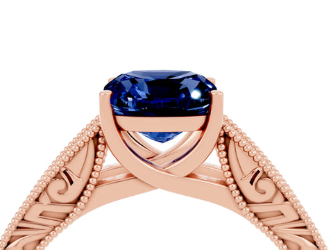 Rose gold Cushion Cut Blue Sapphire Solitaire Ring with Engraved Band and Four-Prong Setting_4
