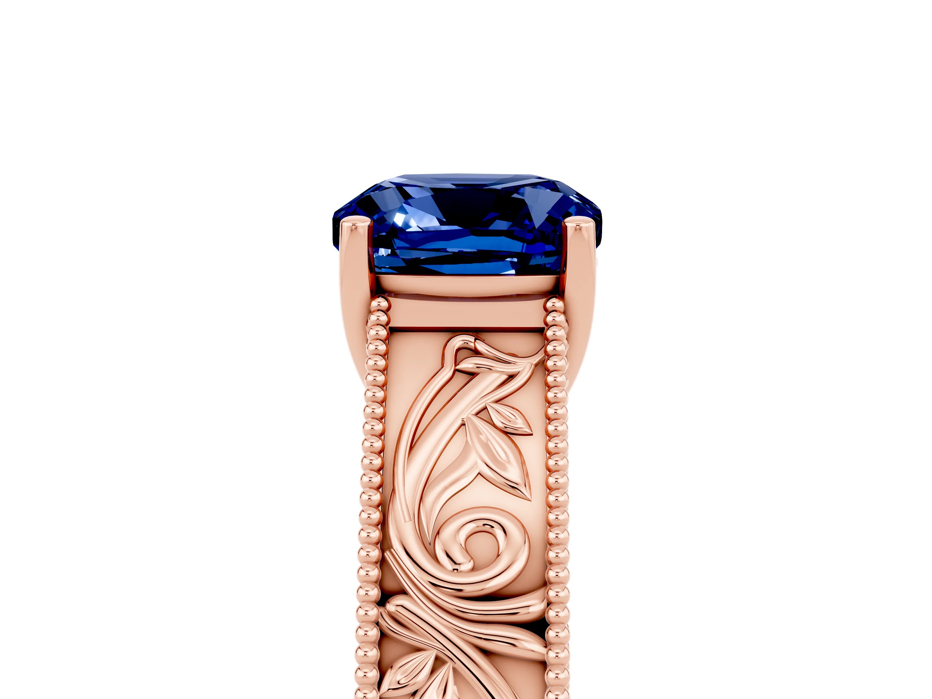 Rose gold Cushion Cut Blue Sapphire Solitaire Ring with Engraved Band and Four-Prong Setting_5
