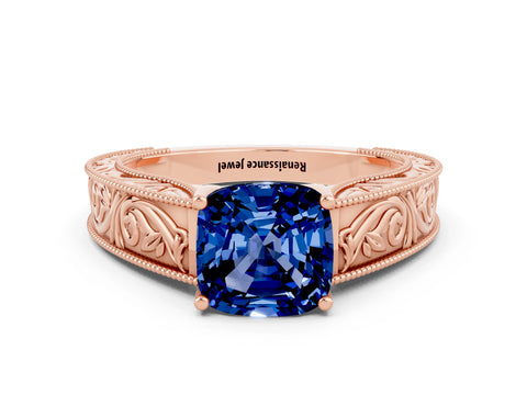 Rose gold Cushion Cut Blue Sapphire Solitaire Ring with Engraved Band and Four-Prong Setting