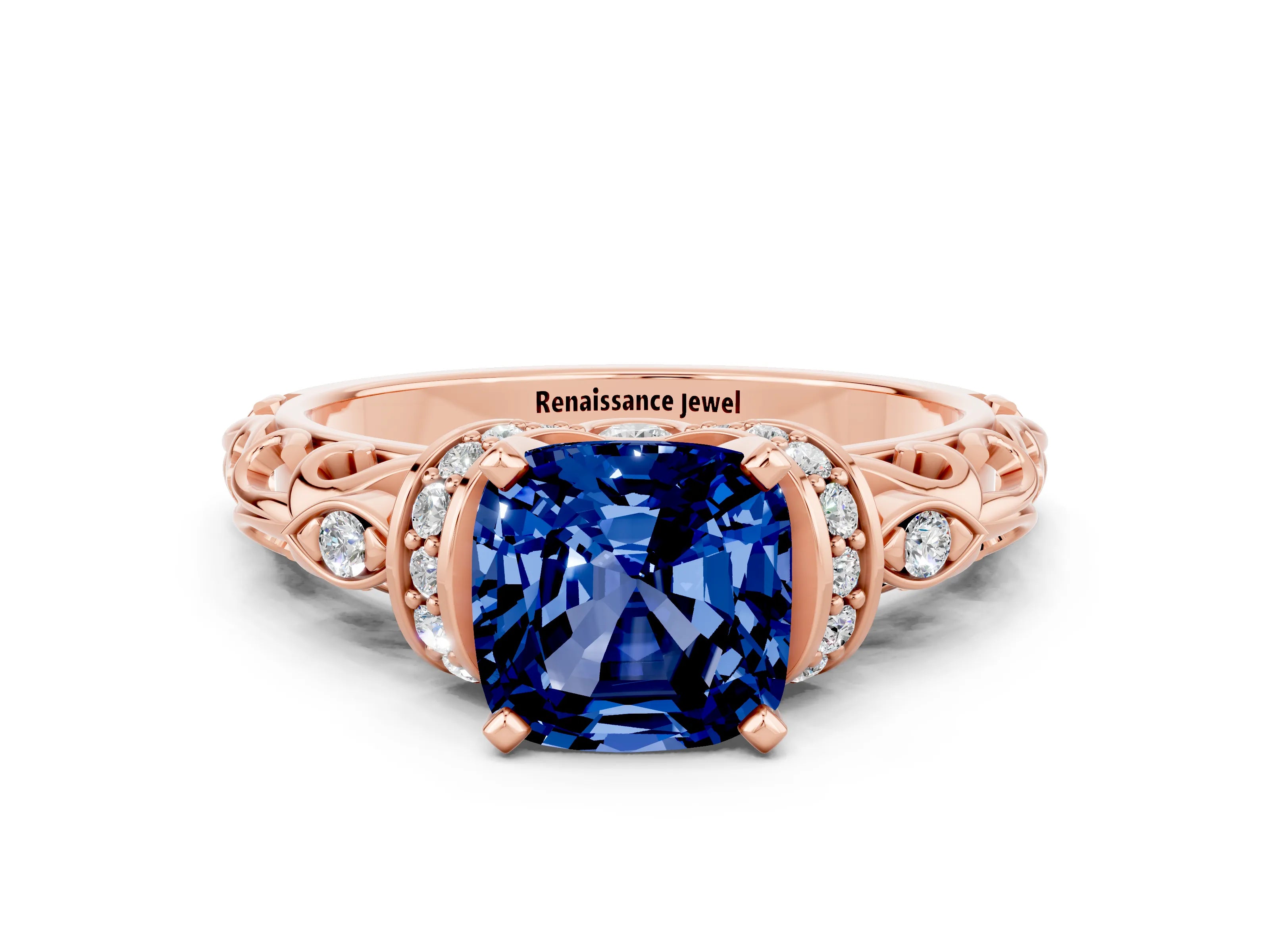 Rose gold Cushion Cut Blue Sapphire Solitaire Ring with Filigree Band and Four-Prong Setting_24