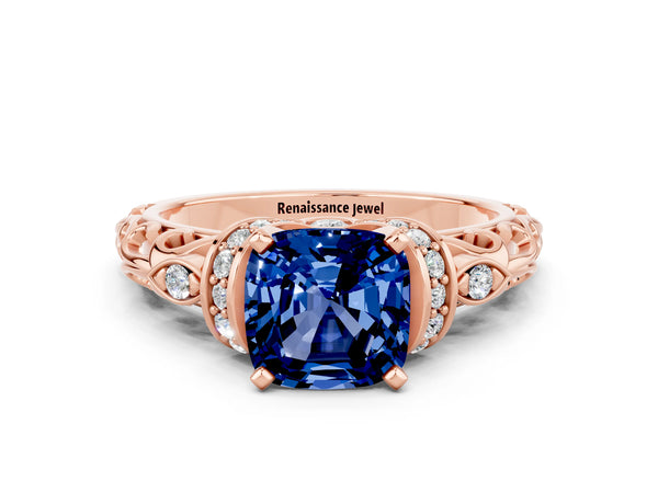Rose gold Cushion Cut Blue Sapphire Solitaire Ring with Filigree Band and Four-Prong Setting