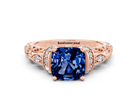 Rose gold Cushion Cut Blue Sapphire Solitaire Ring with Filigree Band and Four-Prong Setting_24