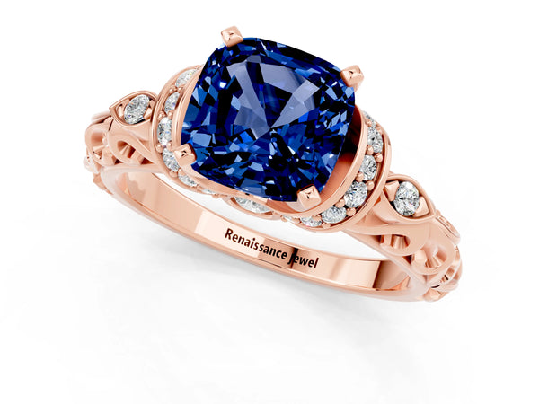 Rose gold Cushion Cut Blue Sapphire Solitaire Ring with Filigree Band and Four-Prong Setting