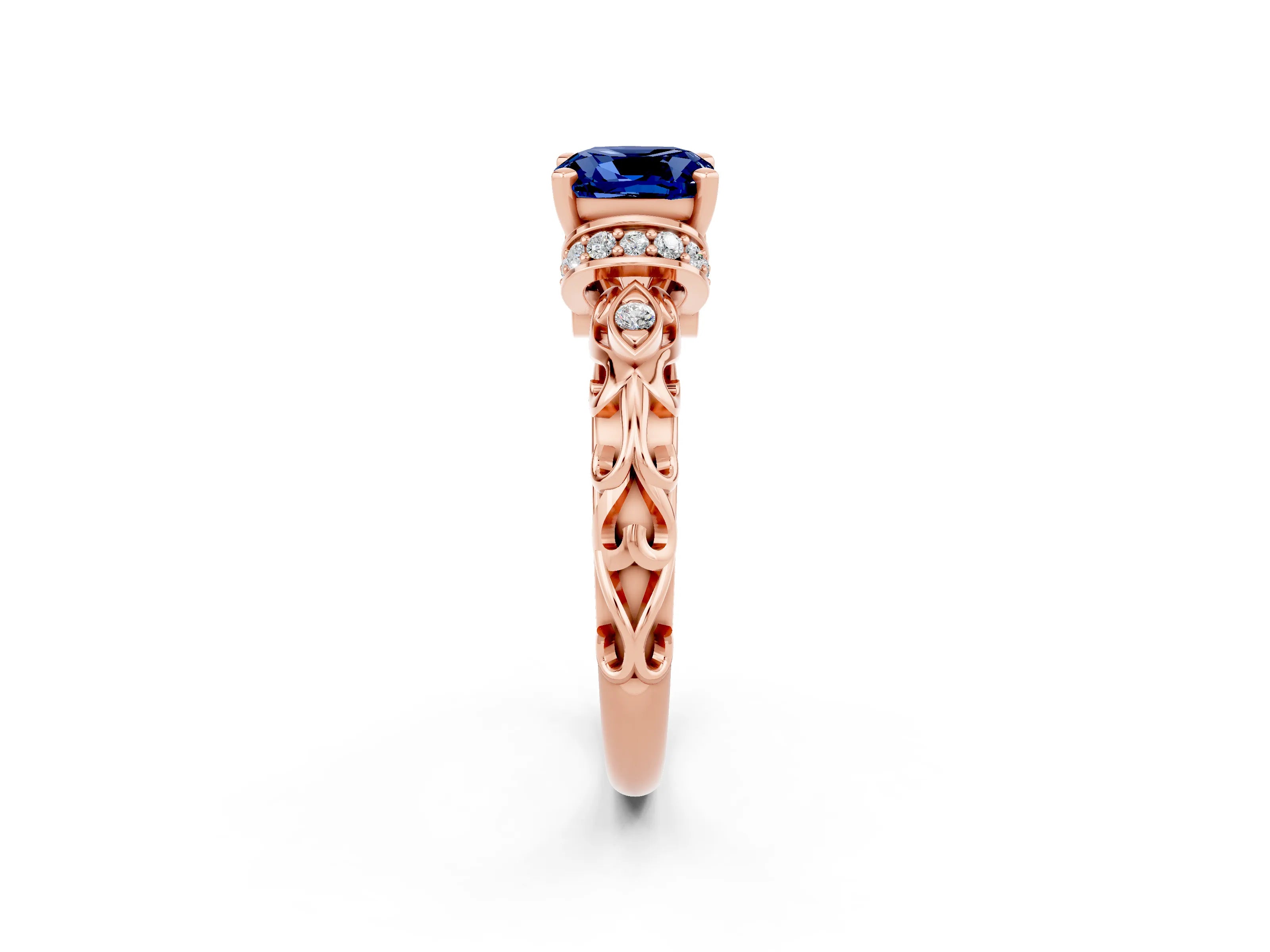 Rose gold Cushion Cut Blue Sapphire Solitaire Ring with Filigree Band and Four-Prong Setting_26