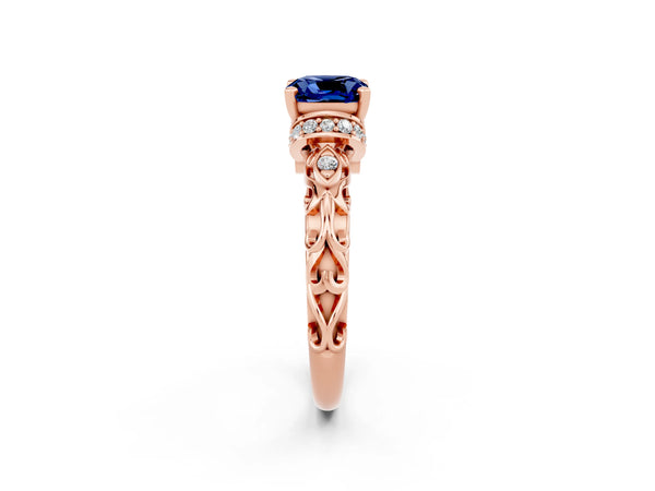 Rose gold Cushion Cut Blue Sapphire Solitaire Ring with Filigree Band and Four-Prong Setting