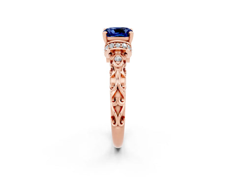Rose gold Cushion Cut Blue Sapphire Solitaire Ring with Filigree Band and Four-Prong Setting_26