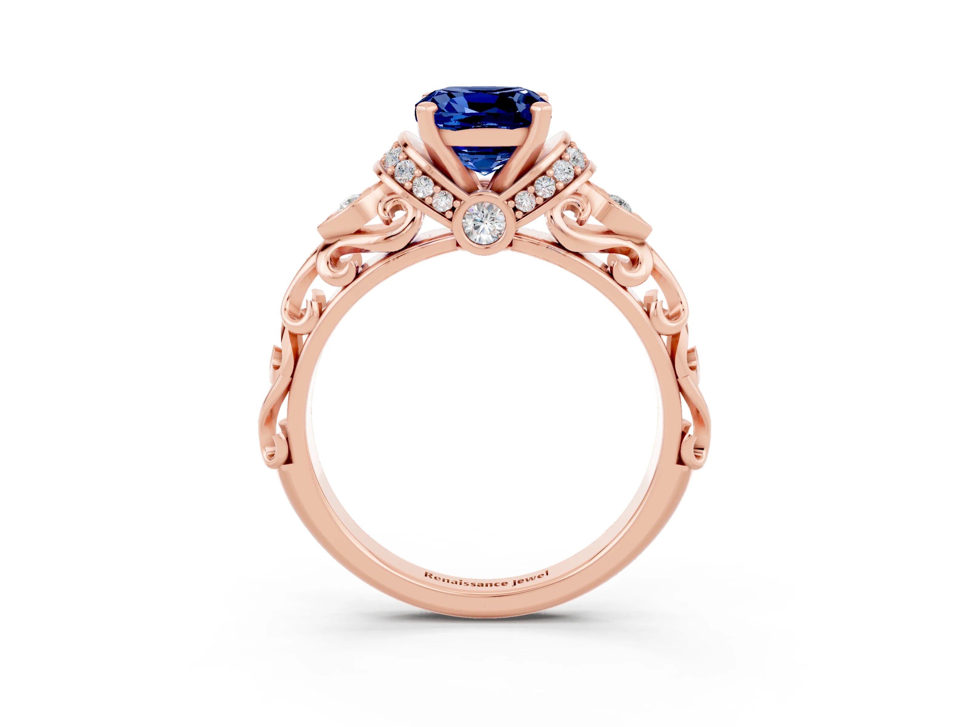 Rose gold Cushion Cut Blue Sapphire Solitaire Ring with Filigree Band and Four-Prong Setting_27