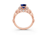 Rose gold Cushion Cut Blue Sapphire Solitaire Ring with Filigree Band and Four-Prong Setting_27