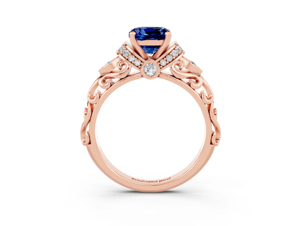 Rose gold Cushion Cut Blue Sapphire Solitaire Ring with Filigree Band and Four-Prong Setting