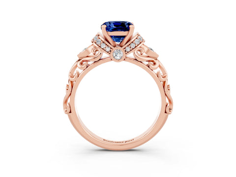 Rose gold Cushion Cut Blue Sapphire Solitaire Ring with Filigree Band and Four-Prong Setting_27