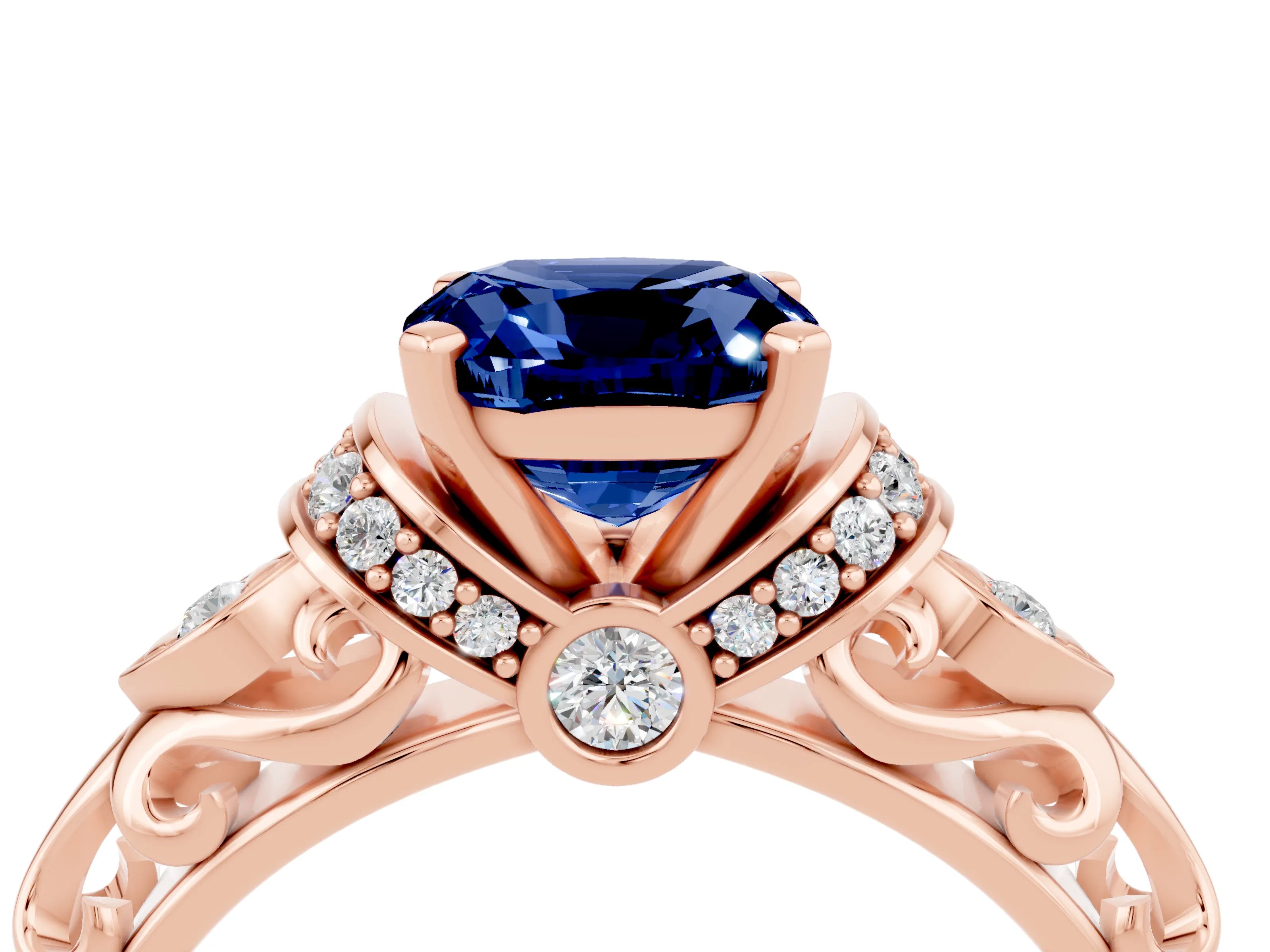 Rose gold Cushion Cut Blue Sapphire Solitaire Ring with Filigree Band and Four-Prong Setting_28