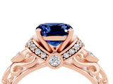 Rose gold Cushion Cut Blue Sapphire Solitaire Ring with Filigree Band and Four-Prong Setting_28