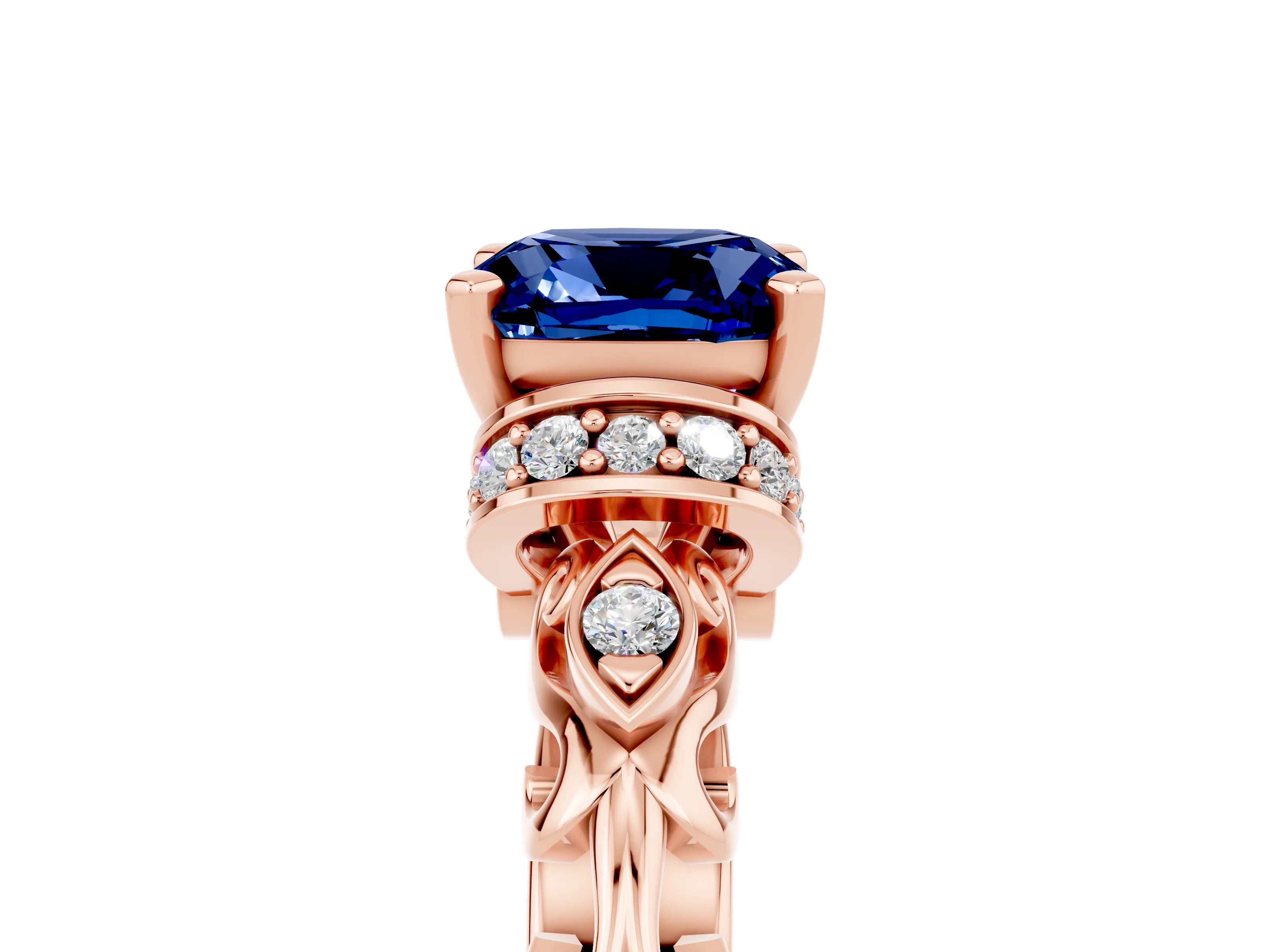 Rose gold Cushion Cut Blue Sapphire Solitaire Ring with Filigree Band and Four-Prong Setting_29