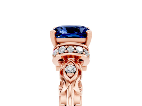 Rose gold Cushion Cut Blue Sapphire Solitaire Ring with Filigree Band and Four-Prong Setting_29