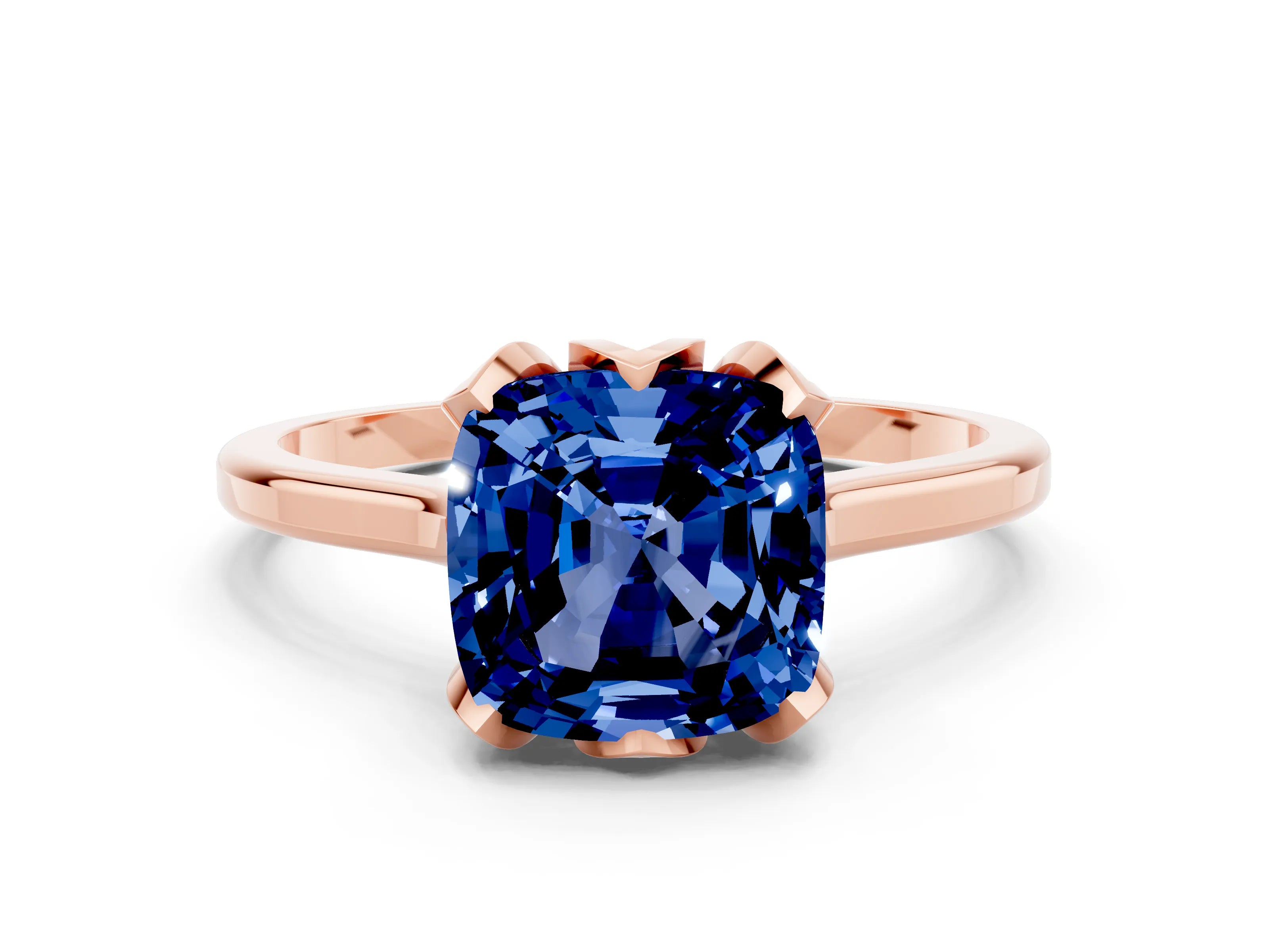 Rose gold Cushion Cut Blue Sapphire Solitaire Ring with Flower Prong Setting and Classic Band_12