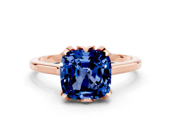 Rose gold Cushion Cut Blue Sapphire Solitaire Ring with Flower Prong Setting and Classic Band