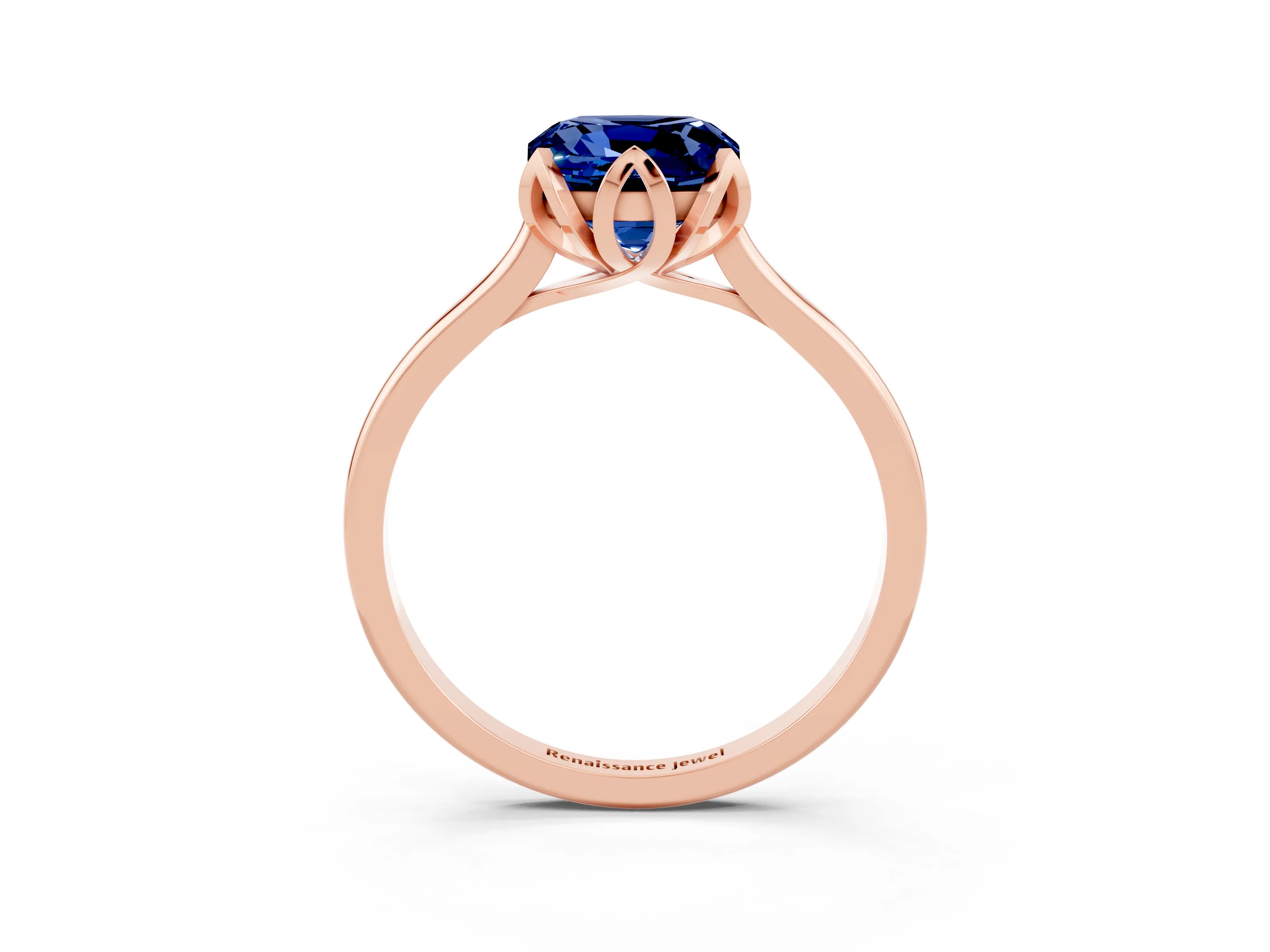Rose gold Cushion Cut Blue Sapphire Solitaire Ring with Flower Prong Setting and Classic Band_15
