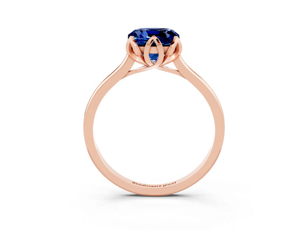 Rose gold Cushion Cut Blue Sapphire Solitaire Ring with Flower Prong Setting and Classic Band
