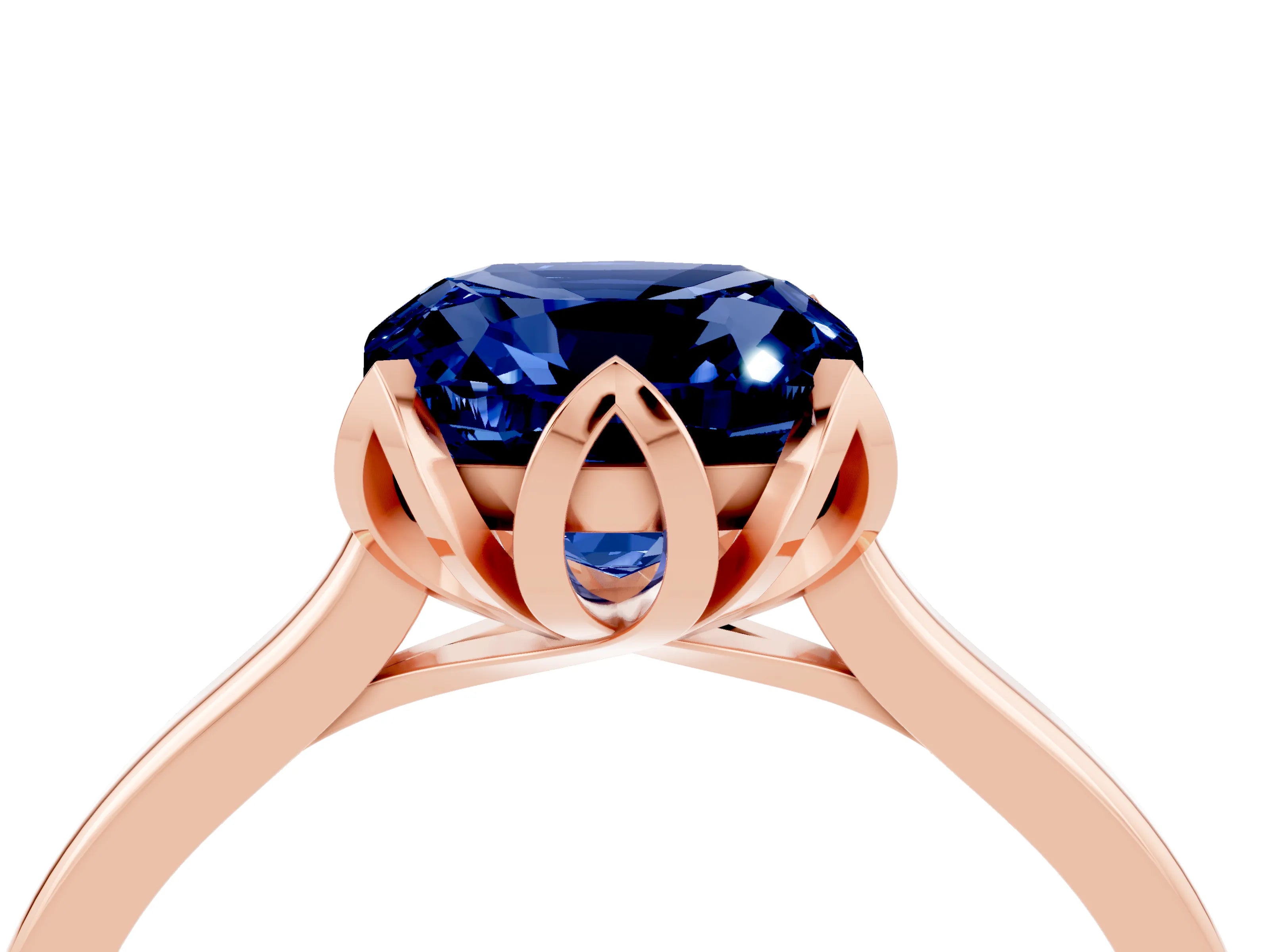 Rose gold Cushion Cut Blue Sapphire Solitaire Ring with Flower Prong Setting and Classic Band_16