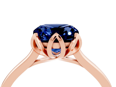 Rose gold Cushion Cut Blue Sapphire Solitaire Ring with Flower Prong Setting and Classic Band_16