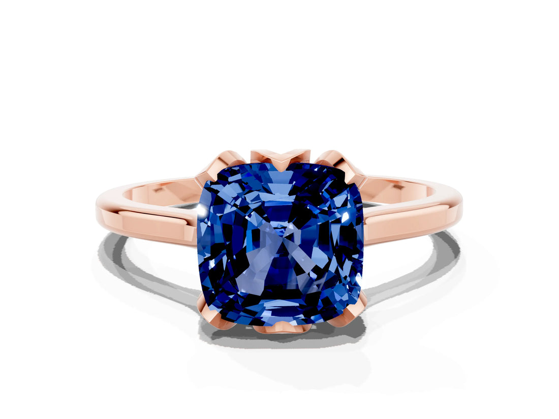 Rose gold Cushion Cut Blue Sapphire Solitaire Ring with Flower Prong Setting and Classic Band_36