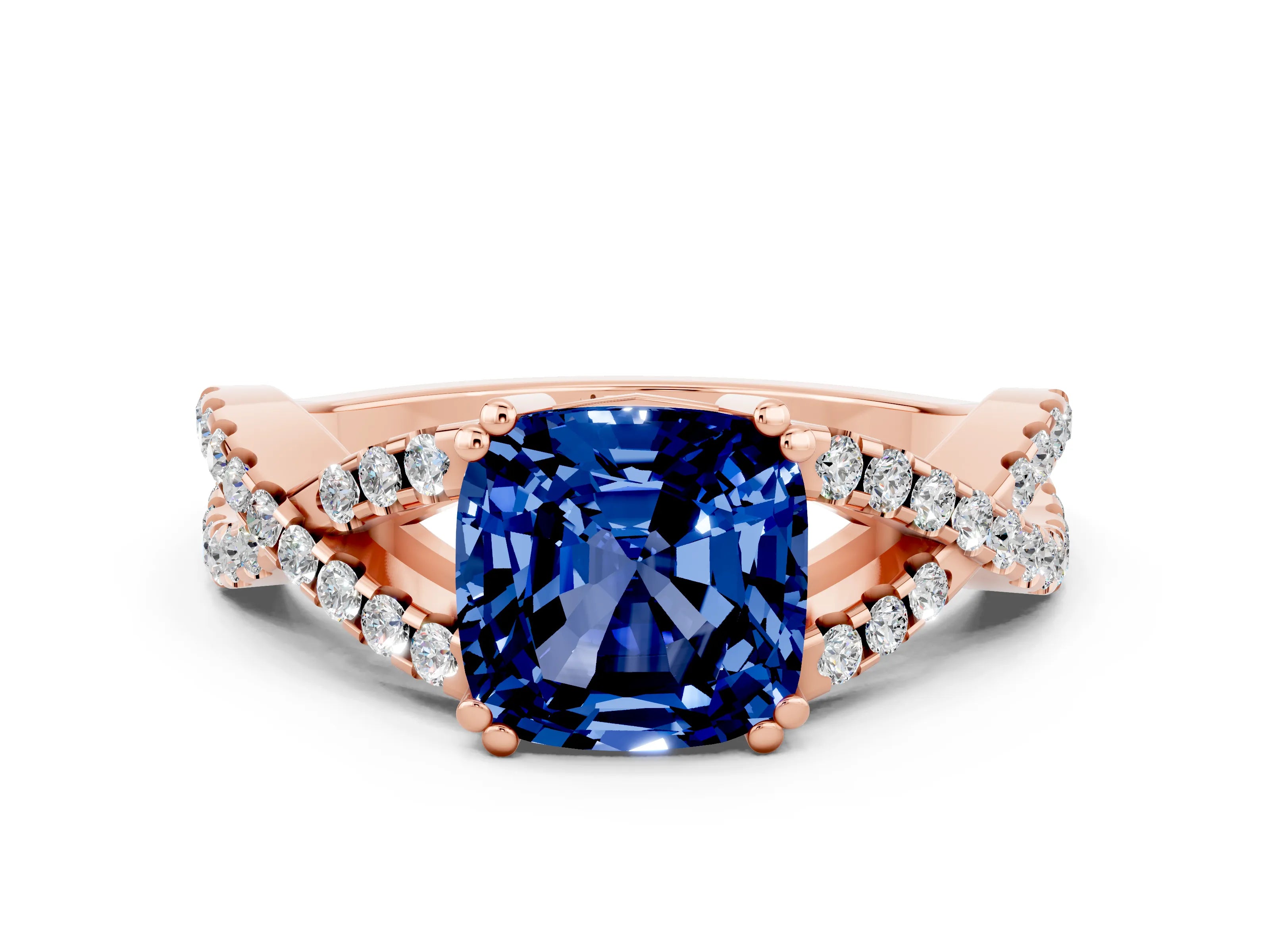 Rose gold Cushion Cut Blue Sapphire Solitaire Ring with Four-Prong Setting and Twisted Pavé Band