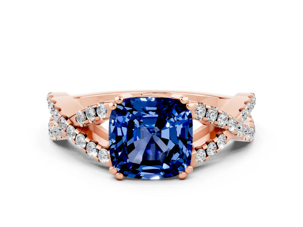 Rose gold Cushion Cut Blue Sapphire Solitaire Ring with Four-Prong Setting and Twisted Pavé Band