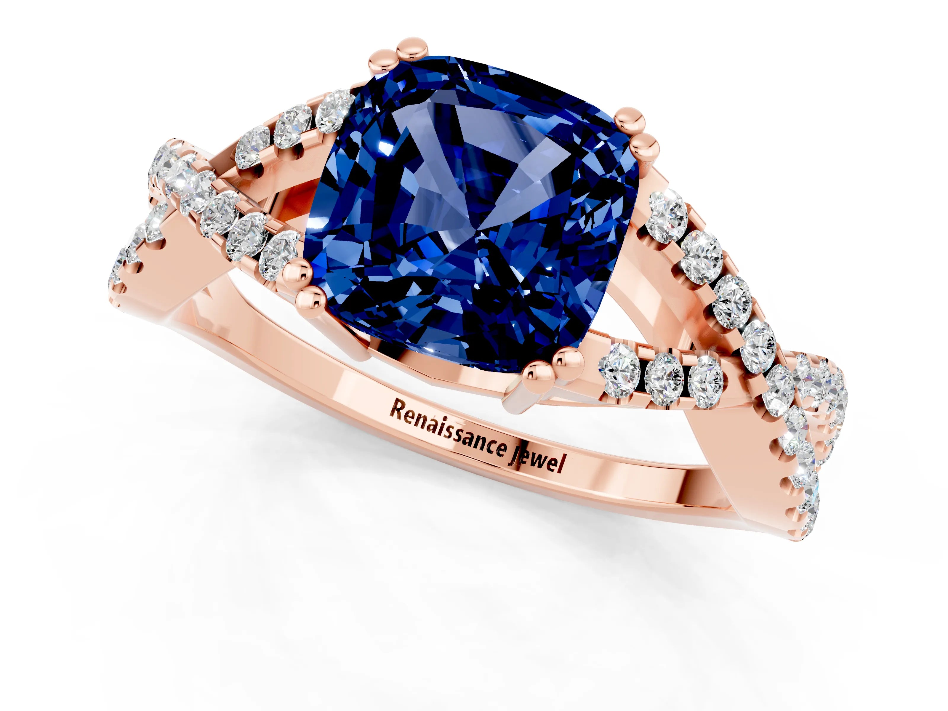 Rose gold Cushion Cut Blue Sapphire Solitaire Ring with Four-Prong Setting and Twisted Pavé Band_1
