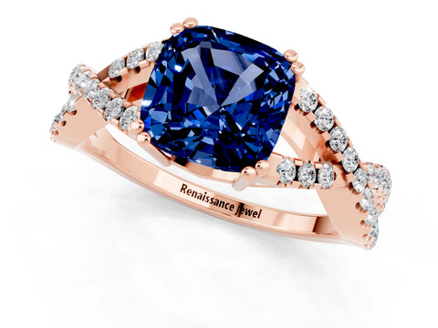 Rose gold Cushion Cut Blue Sapphire Solitaire Ring with Four-Prong Setting and Twisted Pavé Band_1