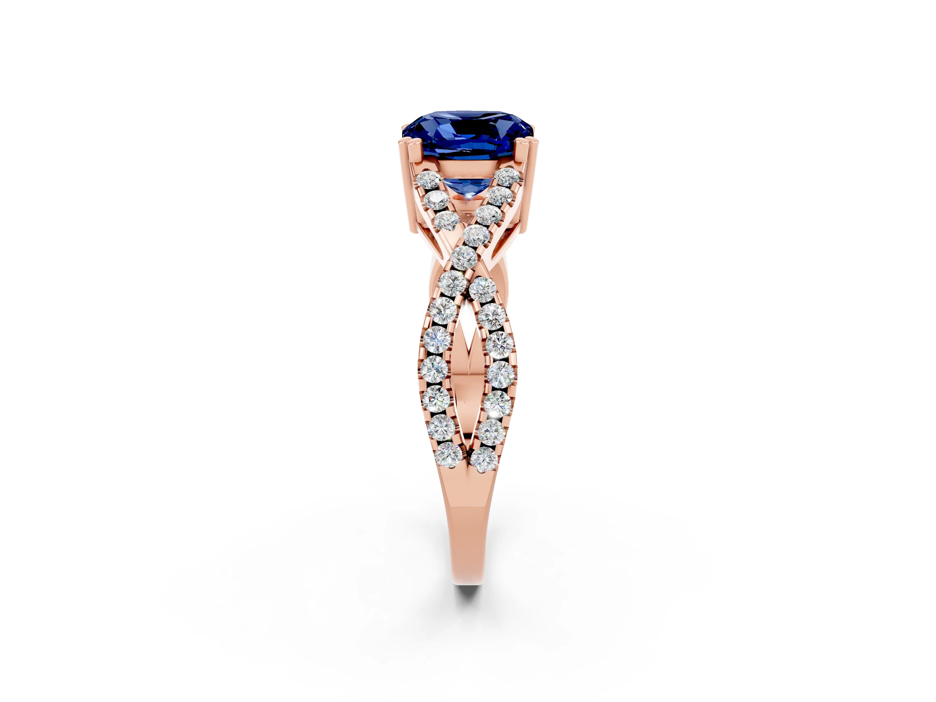 Rose gold Cushion Cut Blue Sapphire Solitaire Ring with Four-Prong Setting and Twisted Pavé Band_2