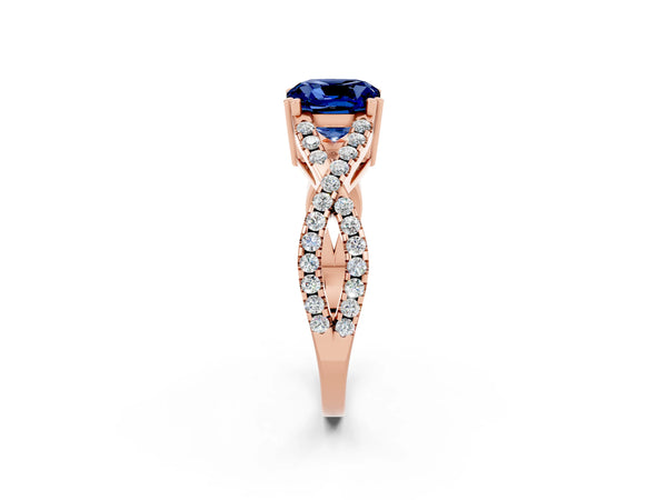 Rose gold Cushion Cut Blue Sapphire Solitaire Ring with Four-Prong Setting and Twisted Pavé Band