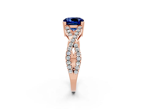 Rose gold Cushion Cut Blue Sapphire Solitaire Ring with Four-Prong Setting and Twisted Pavé Band_2