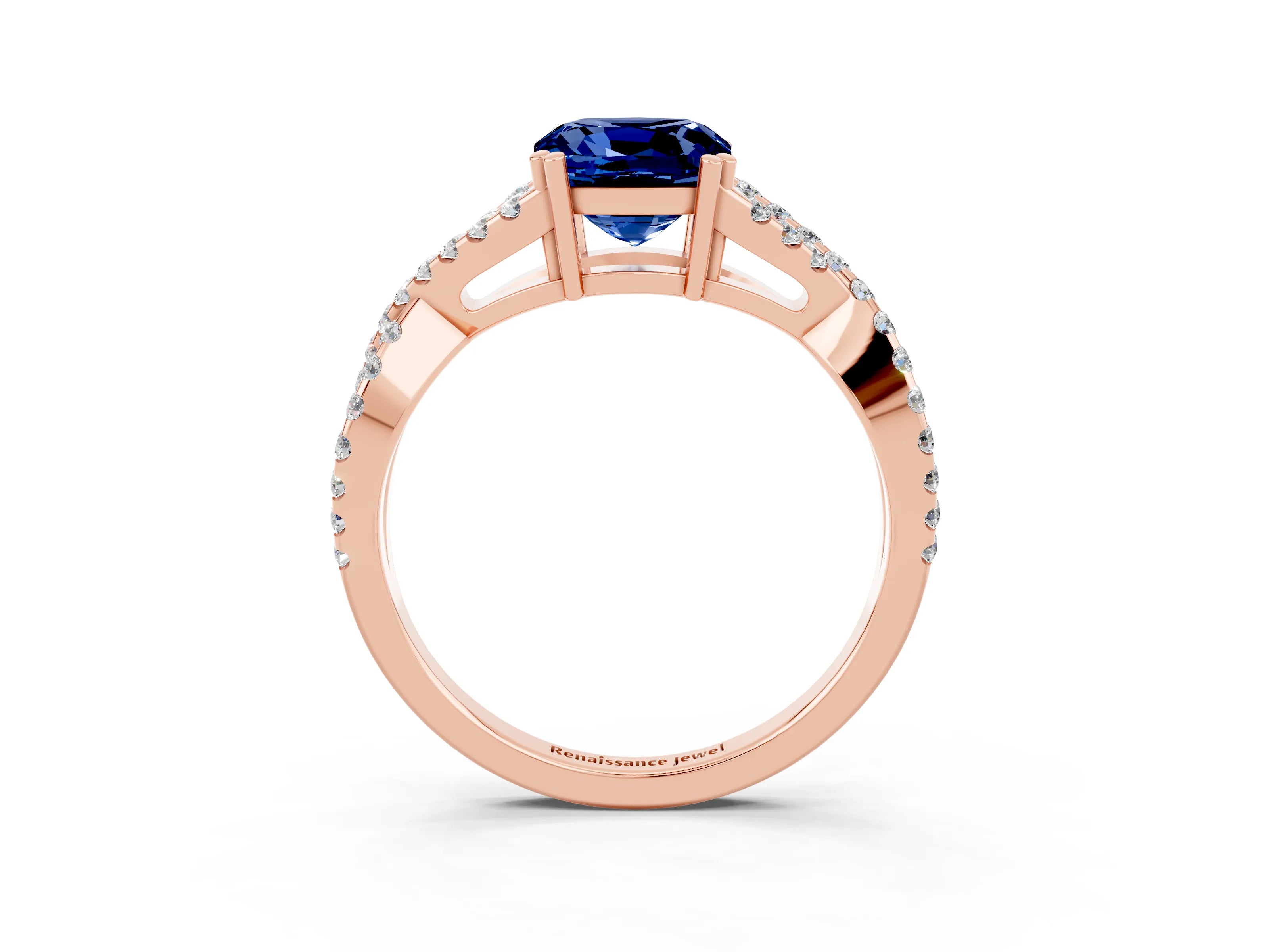 Rose gold Cushion Cut Blue Sapphire Solitaire Ring with Four-Prong Setting and Twisted Pavé Band_3
