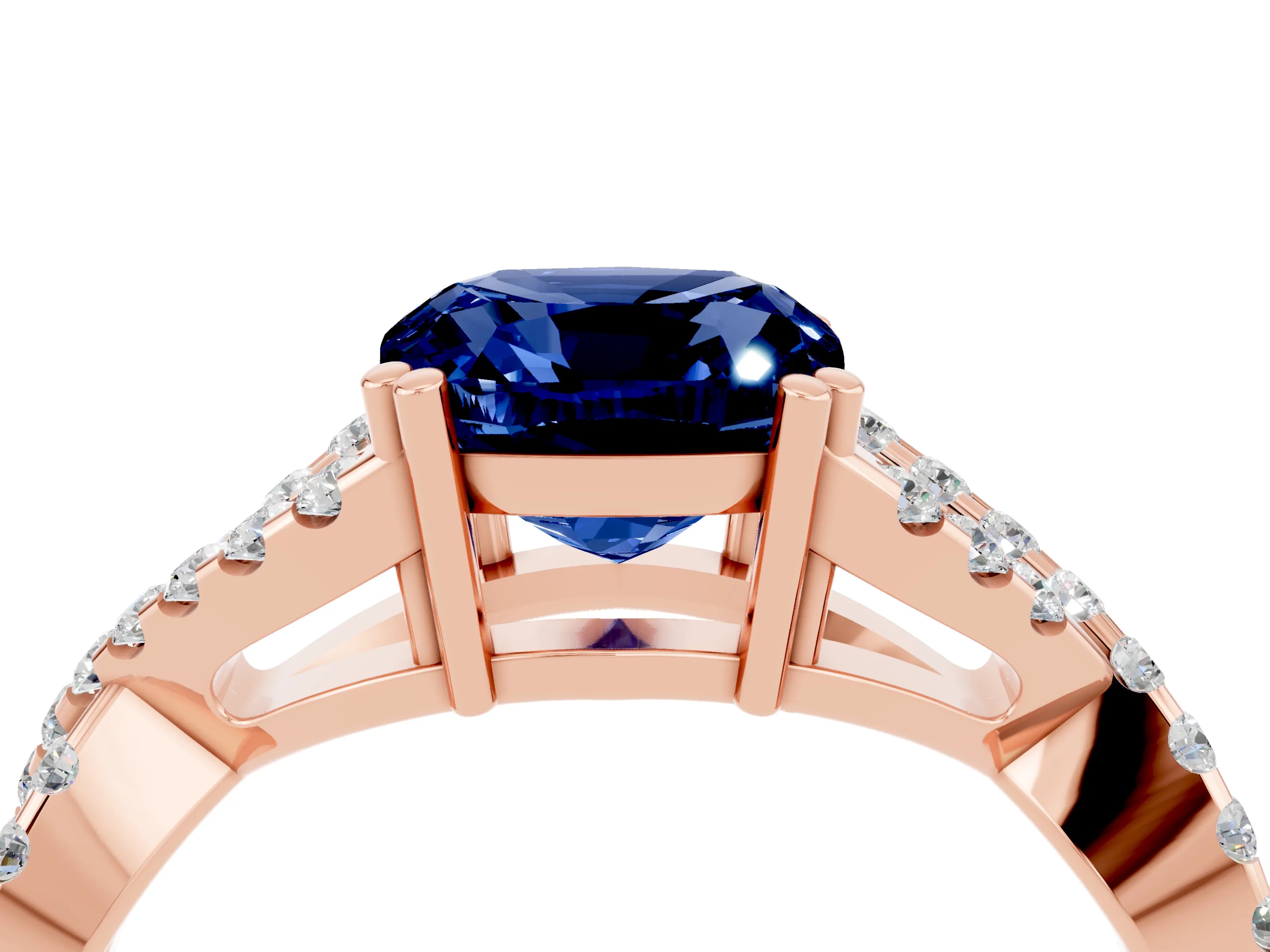 Rose gold Cushion Cut Blue Sapphire Solitaire Ring with Four-Prong Setting and Twisted Pavé Band_4