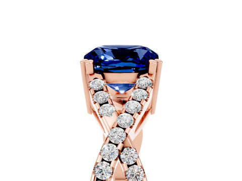 Rose gold Cushion Cut Blue Sapphire Solitaire Ring with Four-Prong Setting and Twisted Pavé Band_5