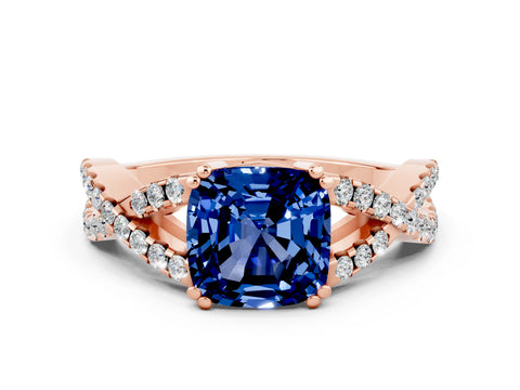Rose gold Cushion Cut Blue Sapphire Solitaire Ring with Four-Prong Setting and Twisted Pavé Band