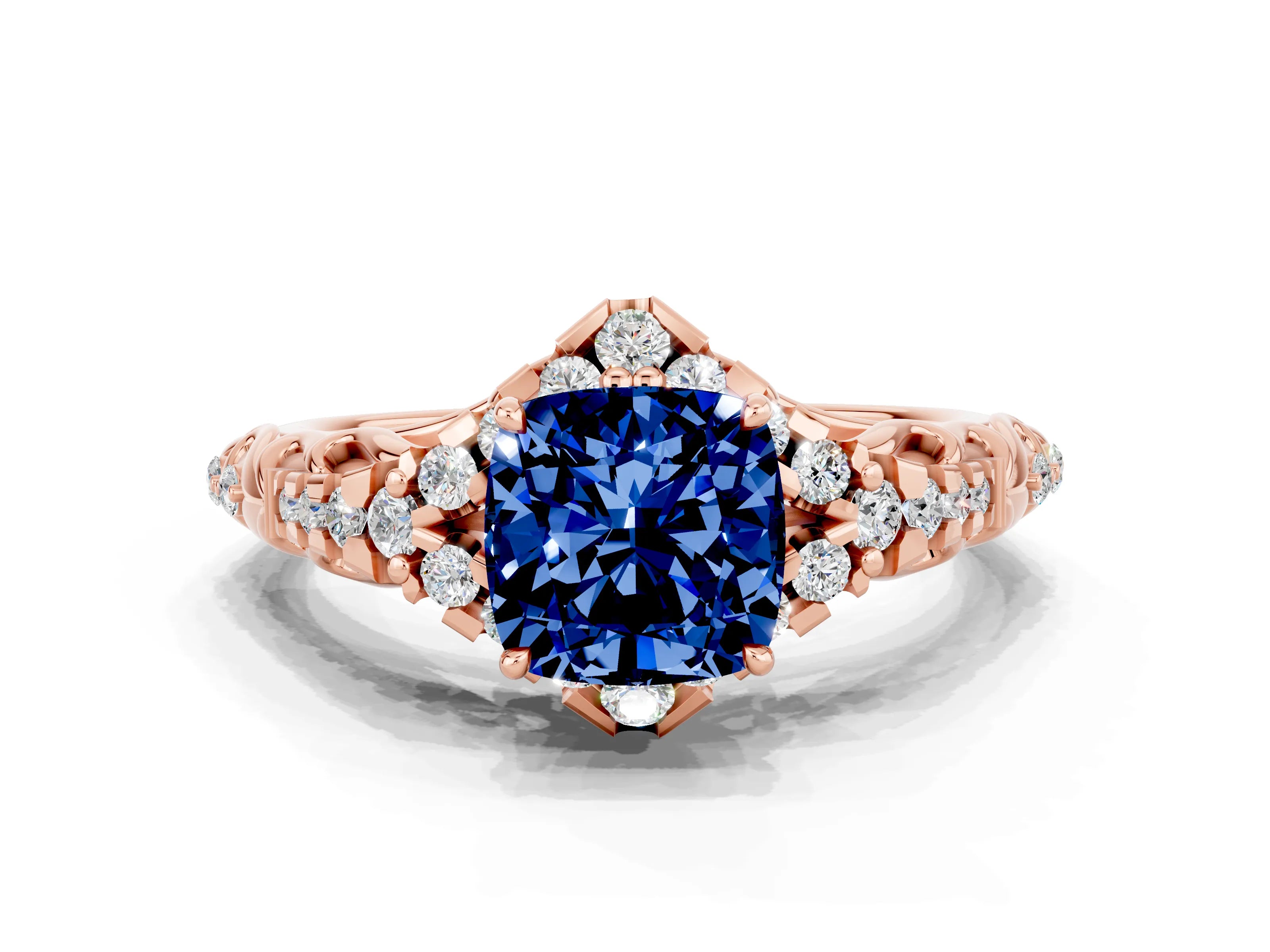 Rose gold Cushion Cut Blue Sapphire Solitaire Ring with Hidden Halo and Pavé Band_12