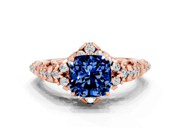 Rose gold Cushion Cut Blue Sapphire Solitaire Ring with Hidden Halo and Pavé Band